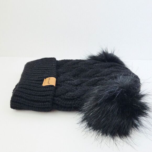 Women's Black Cable Knit Double Pom Pom Beanie Winter Hat Fleece Lined Cat Ears - Picture 7 of 7